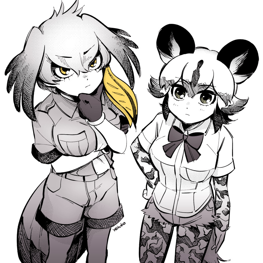 2girls african_wild_dog_(kemono_friends) african_wild_dog_print animal_ears arm_at_side arm_under_breasts artist_name bangs bare_arms bird_girl bird_tail bird_wings blonde_hair bodystocking bow bowtie breasts chin_stroking closed_mouth collared_shirt cutoffs dog_ears dog_girl dog_tail expressionless eyebrows_visible_through_hair feet_out_of_frame gloves greyscale hair_between_eyes hand_on_hip hand_on_own_chin hand_up head_wings highres kemono_friends layered_sleeves legwear_under_shorts long_hair long_sleeves looking_at_viewer medium_hair monochrome multicolored_hair multiple_girls necktie pantyhose shirt shoebill_(kemono_friends) short_over_long_sleeves short_shorts short_sleeves shorts spot_color standing staring tail thinking wing_collar wings yellow_eyes yokuko_zaza