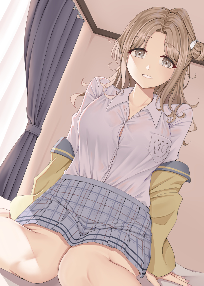 1girl absurdres bedroom brown_eyes brown_hair cardigan curtains dutch_angle from_below hair_bun hair_ribbon highres ichikawa_hinana idolmaster idolmaster_shiny_colors indoors knees long_hair looking_at_viewer miniskirt moriyama_a off_shoulder open_cardigan open_clothes plaid plaid_skirt pleated_skirt ribbon school_uniform see-through shirt side_bun sitting skirt solo uniform wariza white_shirt yellow_cardigan