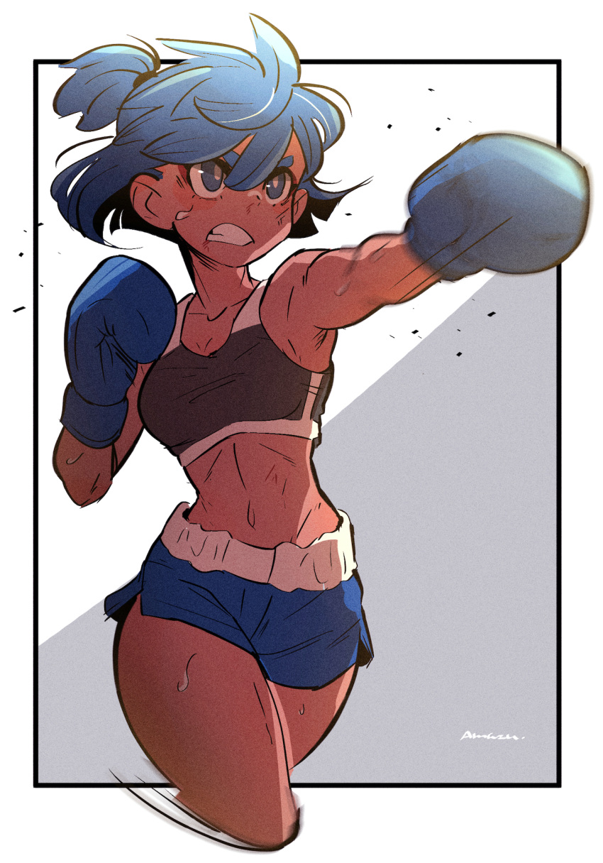 1girl amazu_(kurozu) black_sports_bra blue_eyes blue_gloves blue_hair blue_shorts border borrowed_character boxing_gloves breasts cropped_legs dif_(difman) dolphin_shorts gloves grimace highres motion_blur navel original outside_border petite punching serious short_hair shorts signature simple_background small_breasts solo sports_bra sweat tan topknot white_border