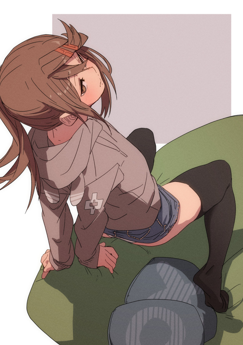 1girl bangs black_legwear brown_background brown_eyes brown_hair brown_hoodie closed_mouth commentary couch from_above fu-ta hair_ornament hairclip highres hood hood_down hoodie long_hair long_sleeves on_couch original pillow ponytail shadow shorts sitting solo thighhighs two-tone_background usami_taiga white_background