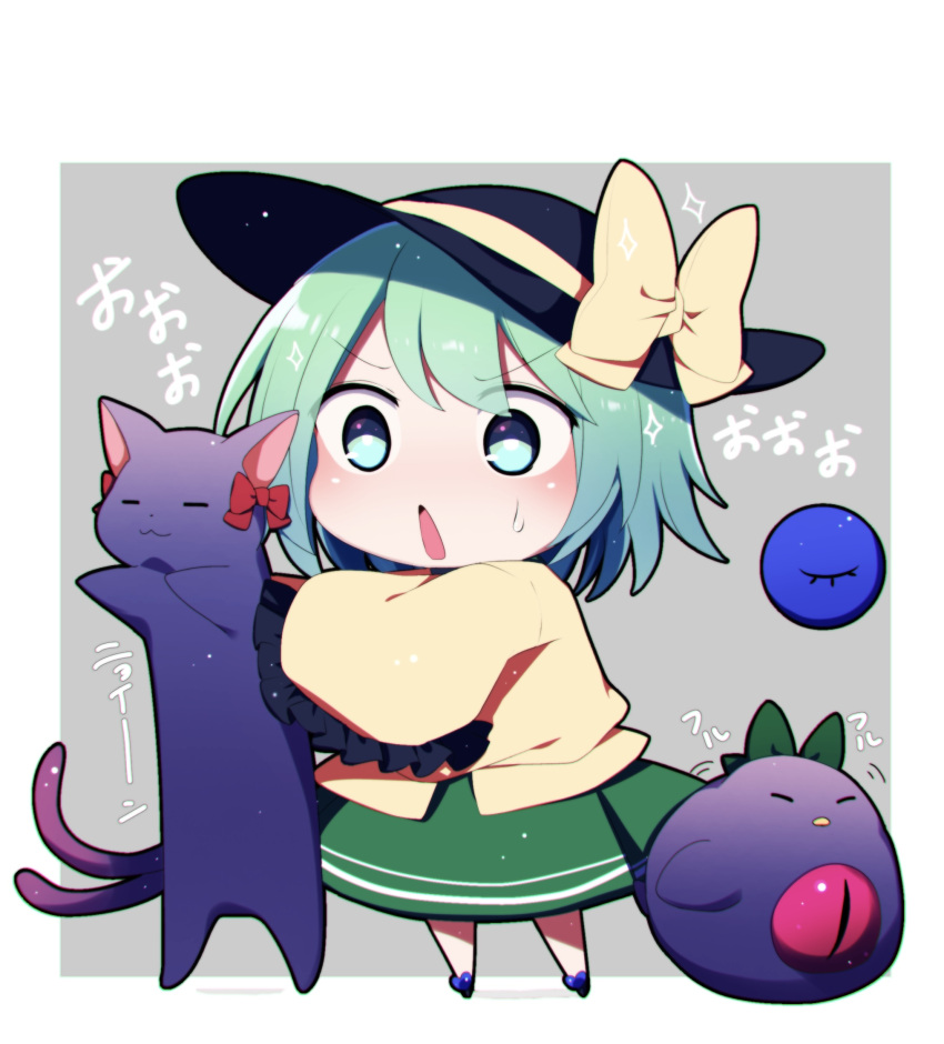 1girl bangs black_headwear border bow bright_pupils green_eyes green_hair green_skirt grey_background hat hat_bow highres kaenbyou_rin kaenbyou_rin_(cat) komeiji_koishi long_sleeves longcat looking_at_viewer meme open_mouth red_bow reiuji_utsuho reiuji_utsuho_(bird) shirt short_hair skirt star_(symbol) sweatdrop touhou v-shaped_eyebrows white_border white_pupils yellow_bow yellow_shirt you_(noanoamoemoe)