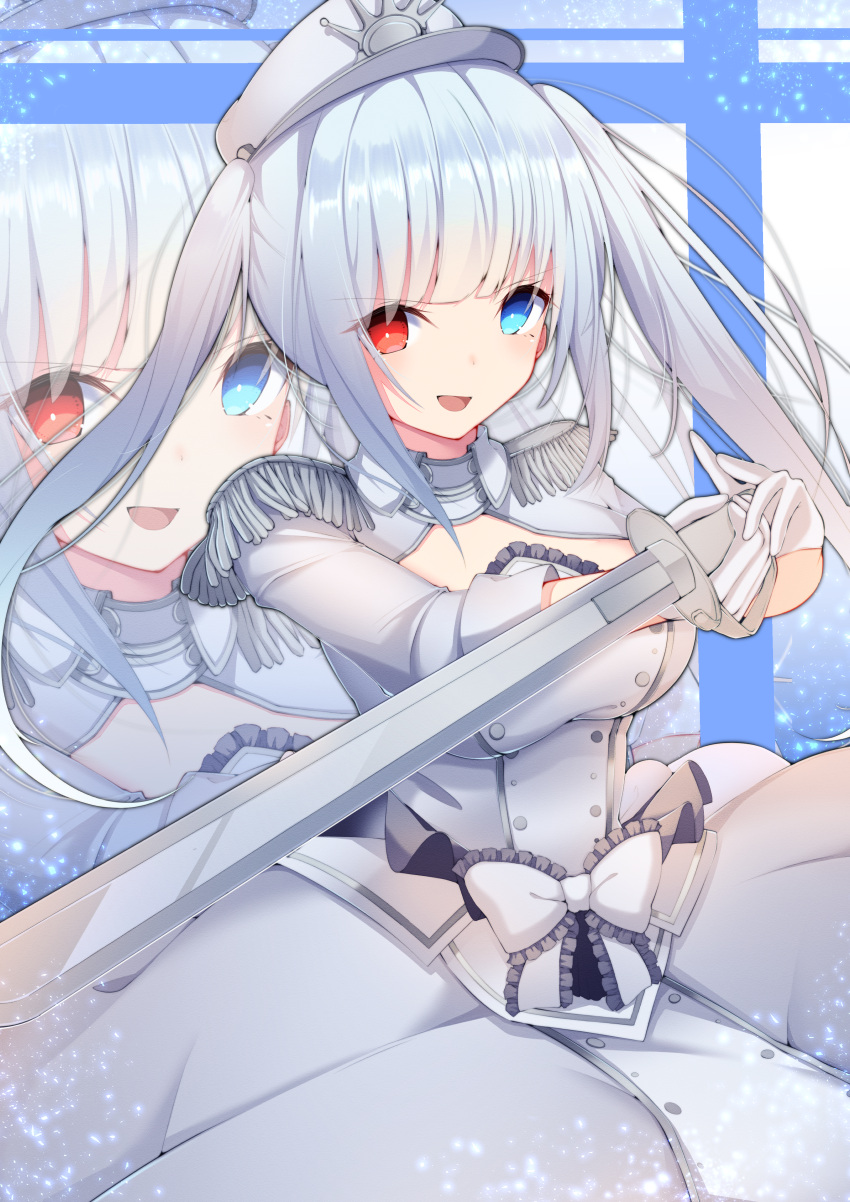 1girl absurdres blue_eyes breasts commentary_request date_a_live date_a_live:_date_a_bullet dress epaulettes gloves hat heterochromia highres holding holding_sword holding_weapon jam_(jamjam777) large_breasts looking_at_viewer military_hat open_mouth red_eyes silver_gloves silver_hair smile solo sword twintails weapon white_queen_(date_a_live) zoom_layer
