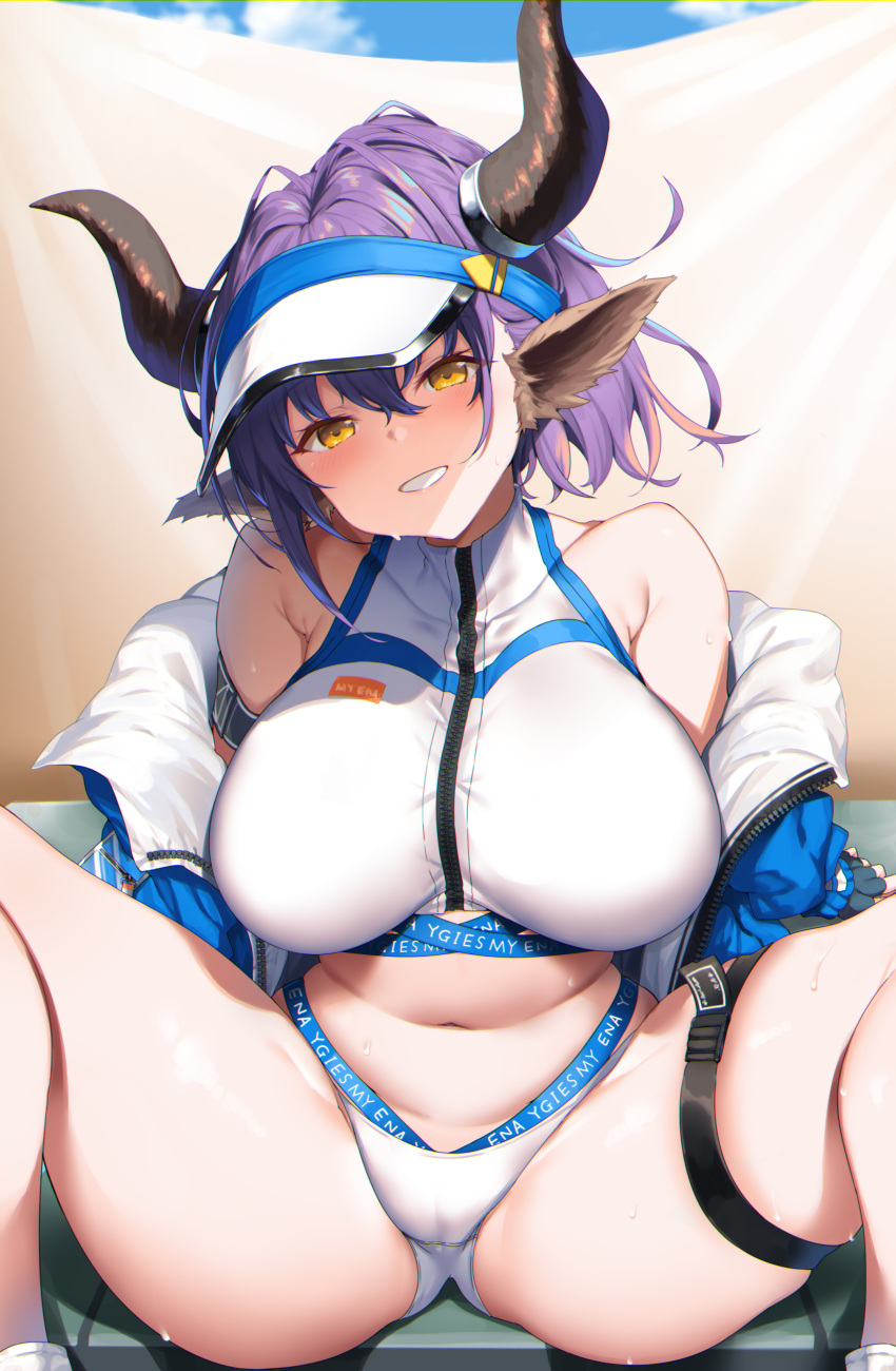 1girl absurdres animal_ears arknights bangs bare_shoulders bikini blue_jacket blush breasts commentary_request cow_ears cow_girl cow_horns duplicate grin highres horns jacket large_breasts looking_at_viewer navel official_alternate_costume pixel-perfect_duplicate purple_hair raiou short_hair short_ponytail sideroca_(arknights) sideroca_(light_breeze)_(arknights) smile solo swimsuit thighs visor_cap white_bikini yellow_eyes