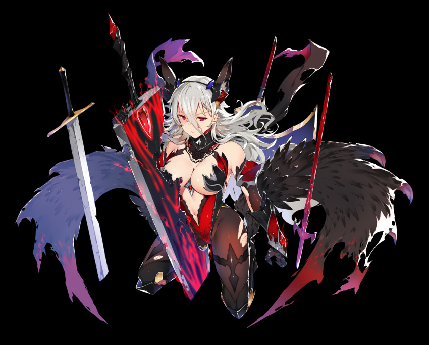 1girl black_background black_gloves black_legwear black_wings breasts cleavage eden's_ritter_grenze gauntlets gloves hair_between_eyes headgear kneeling long_hair red_eyes silver_hair sword tachibana_yuu torn_clothes torn_legwear weapon wings