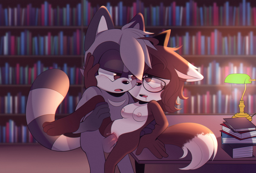 absurd_res anthro anuchasart bodily_fluids brown_body brown_fur canid canine canis drooling duo eyewear fan_character female fur furniture glasses grey_body grey_fur hi_res humanoid interspecies library male male/female mammal on_table passionate penetration procyonid raccoon saliva sega sex sonic_the_hedgehog_(series) stealth_sex table vaginal vaginal_penetration white_body white_fur wolf