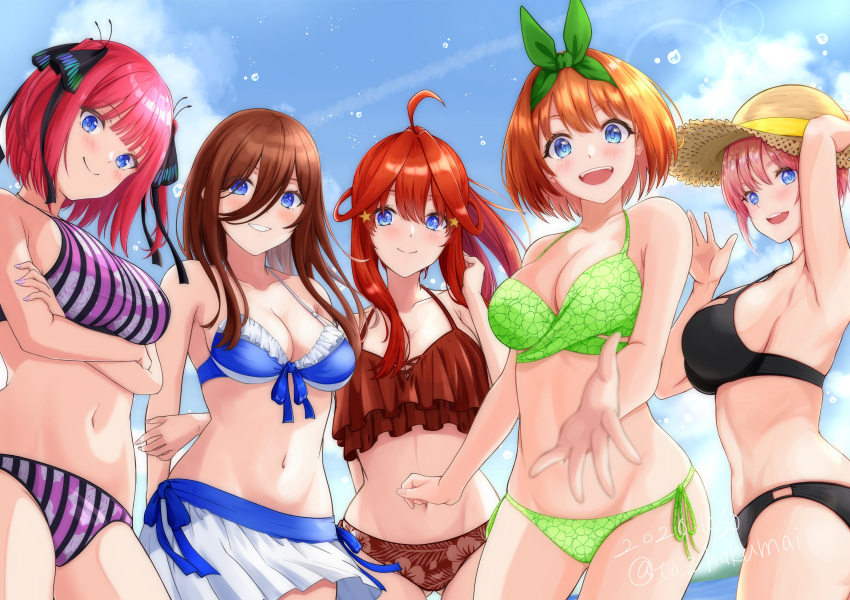 5girls :d absurdres ahoge arm_up armpits arms_behind_back ass_visible_through_thighs bangs bare_arms bikini bikini_skirt black_bikini black_bow blue_bikini blue_eyes blue_ribbon blue_sky bow bow_hairband breasts brown_bikini brown_hair bump-of-chinmen1208 cleavage closed_mouth cloud collarbone crossed_arms day eyebrows_visible_through_hair floating_hair go-toubun_no_hanayome green_bikini green_bow green_hairband green_ribbon grin groin hair_between_eyes hair_bow hair_ornament hairband halterneck hat hat_ribbon highres large_breasts long_hair looking_at_viewer medium_breasts miniskirt multicolored_nails multiple_girls nail_polish nakano_ichika nakano_itsuki nakano_miku nakano_nino nakano_yotsuba navel open_mouth outdoors pink_hair pleated_skirt ponytail purple_bikini red_hair ribbon shiny shiny_hair short_hair siblings side-tie_bikini sideboob sisters skirt sky smile star_(symbol) star_hair_ornament straw_hat striped striped_bikini sun_hat swimsuit thigh_gap twintails vertical-striped_bikini vertical_stripes white_bikini white_skirt yellow_ribbon