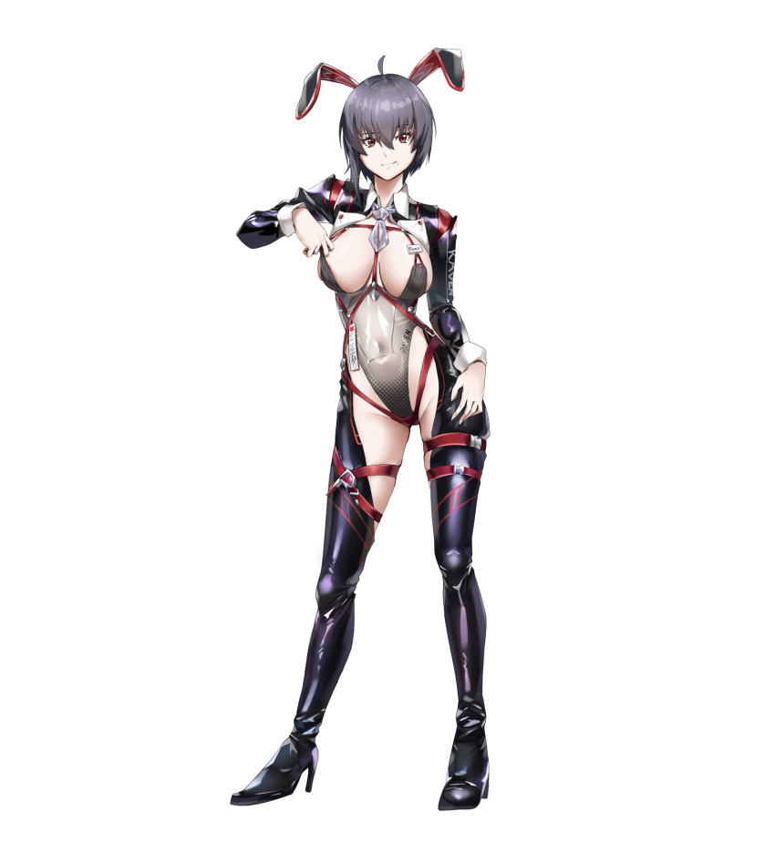 1girl alternate_costume animal_ears between_breasts black_hair boots breasts character_name covered_navel full_body high_heels highleg highleg_leotard highres honkai_(series) honkai_impact_3rd large_breasts leotard looking_at_viewer playboy_bunny pulled_by_self purple_footwear rabbit_ears raven_(honkai_impact_3rd) red_eyes sebakanken short_hair simple_background sleeve_cuffs solo strap_between_breasts thigh_boots thighhighs white_background white_leotard