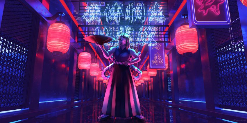 1girl backlighting cup dark full_body hakama highres horaemon03 horns hoshiguma_yuugi japanese_clothes lantern neon_lights rope sakazuki shimenawa single_horn solo standing touhou