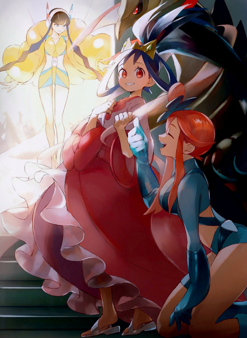 3girls :d bangs bike_shorts blue_eyes blue_footwear blue_gloves blue_jacket blue_shorts blunt_bangs boots buckle commentary_request crop_top cropped_jacket elesa_(pokemon) eyelashes fur_jacket gloves hair_ornament hair_rings haxorus headphones highres iris_(pokemon) jacket knees long_hair long_sleeves looking_at_viewer multiple_girls one_side_up open_mouth orange_mikan pokemon pokemon_(creature) pokemon_(game) pokemon_bw2 red_hair short_hair_with_long_locks short_shorts shorts sidelocks skyla_(pokemon) smile stairs standing teeth turtleneck upper_teeth yellow_jacket