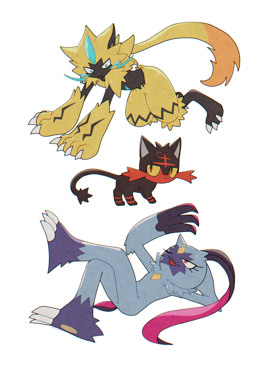 :&lt; batabiru blue_eyes claws closed_mouth commentary_request fangs frown highres litten looking_back no_humans one_eye_closed open_mouth pokemon pokemon_(creature) simple_background sneasler white_background yellow_fur zeraora