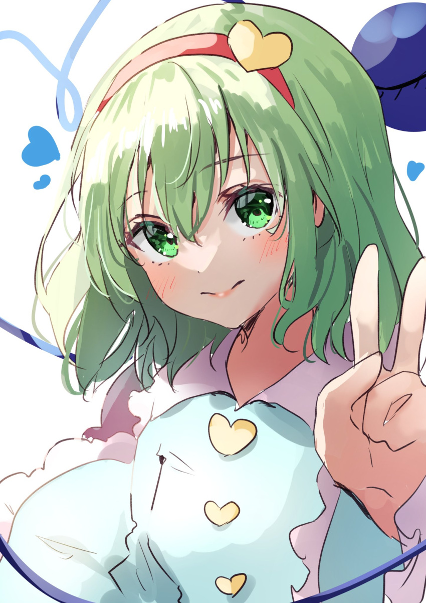 1girl :&gt; bangs blush cosplay eyebrows_visible_through_hair green_eyes green_hair hair_between_eyes hairband heart highres komeiji_koishi komeiji_satori komeiji_satori_(cosplay) long_sleeves looking_at_viewer shironeko_yuuki shirt short_hair simple_background solo third_eye touhou upper_body v white_background