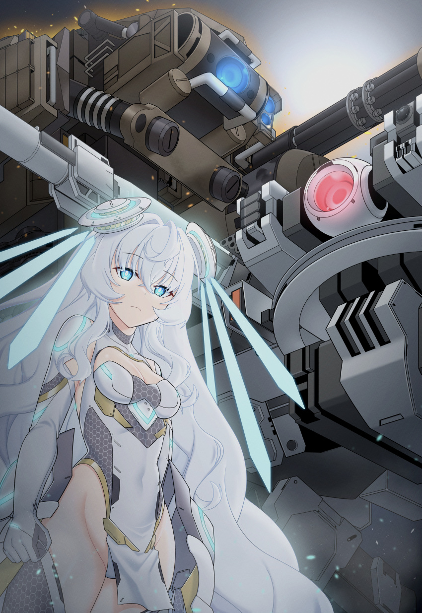1girl 2others absurdres blacha_(dkskek157) blue_eyes breasts cleavage cleavage_cutout clenched_hand closed_mouth clothing_cutout counter:side covered_navel evolved_one eyebrows_visible_through_hair gatling_gun gloves groin highres honeycomb_(pattern) horizon_(counter:side) long_hair looking_at_viewer mecha multiple_others robot titan_(counter:side) white_gloves white_hair