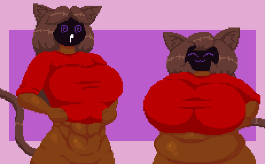 :3 abs animal_humanoid animated areola belly big_belly big_breasts blazblue bodily_fluids boob_drop bouncing_breasts breast_size_difference breasts brown_body brown_hair brown_nipples cat_humanoid clothed clothing drooling duo eyes_closed fan_character felid felid_humanoid feline feline_humanoid female flashing hair hi_res huge_breasts humanoid kaka_(blazblue) lunakaka_(spinneborg) mammal mammal_humanoid minakaka_(spinneborg) muscular muscular_female muscular_humanoid navel nipples overweight overweight_female overweight_humanoid raised_clothing raised_shirt raised_topwear saliva shirt smile spinneborg spiral_eyes topwear video_games