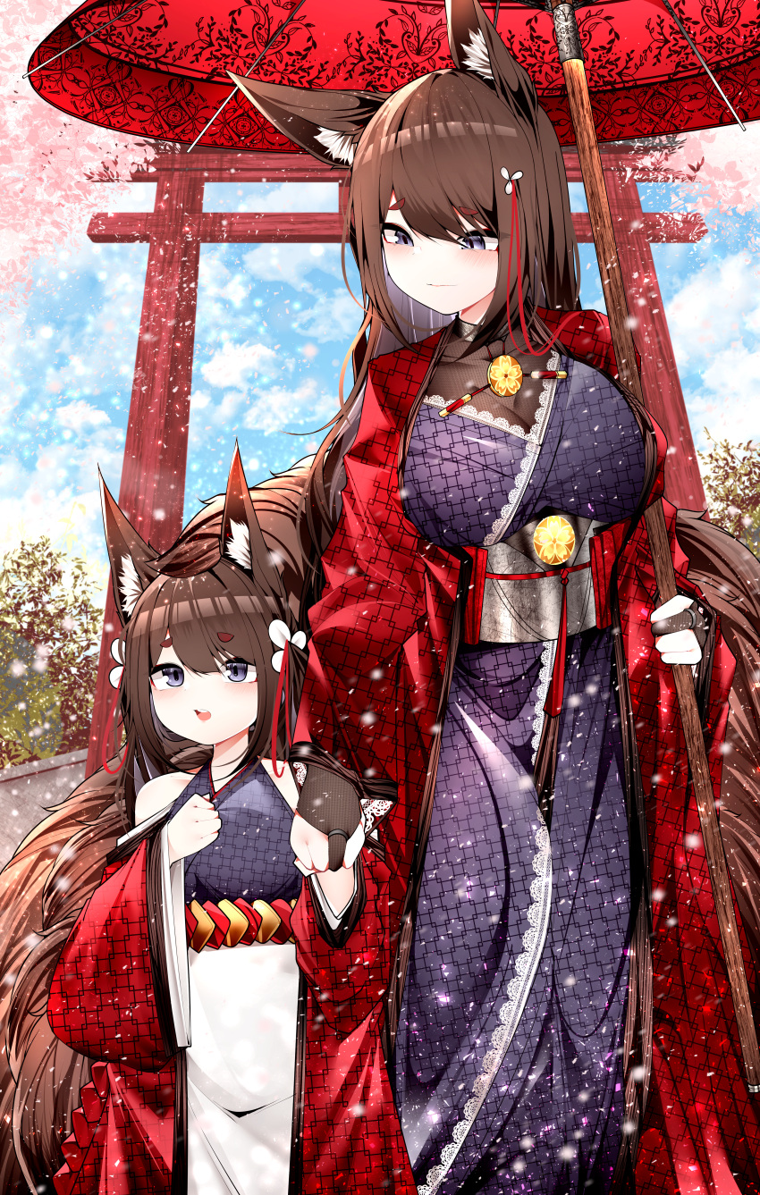 2girls absurdres amagi-chan_(azur_lane) amagi_(azur_lane) animal_ears azur_lane bangs black_gloves blunt_bangs bridal_gauntlets brown_hair commentary_request eyebrows_visible_through_hair eyeshadow fox_ears fox_girl fox_tail gloves hair_ornament height_difference highres holding holding_umbrella japanese_clothes kyuubi long_hair long_sleeves looking_at_another looking_at_viewer looking_up makeup mother_and_daughter multiple_girls multiple_tails namesake oil-paper_umbrella petals purple_eyes rope samip shimenawa sidelocks size_difference tail thick_eyebrows torii twintails umbrella wide_sleeves