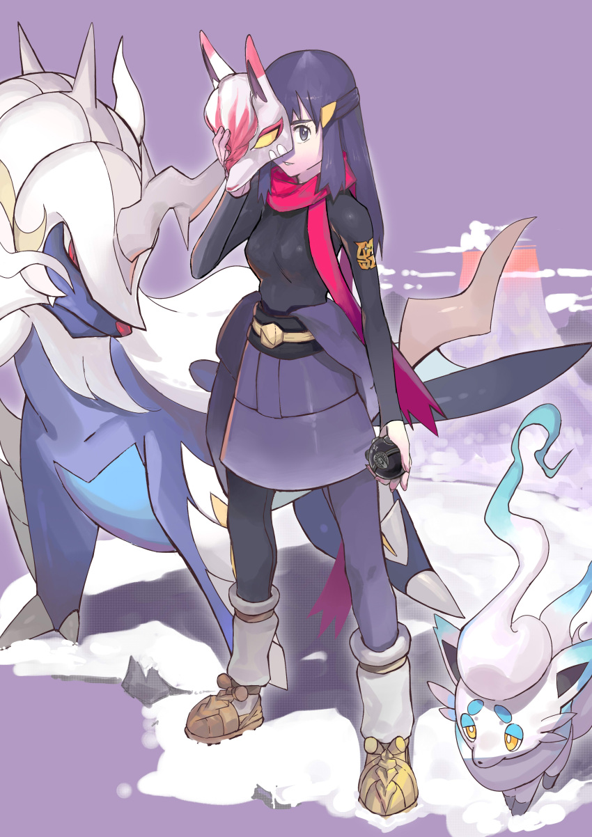 1girl absurdres akari_(pokemon) bangs black_hair black_sash black_shirt bodysuit breasts commentary_request eyelashes grey_eyes grey_skirt hair_ornament hairclip hand_up heavy_ball highres hiro_(user_negm3832) hisuian_samurott hisuian_zorua holding holding_mask holding_poke_ball long_hair looking_at_viewer loose_socks mask pantyhose parted_lips poke_ball pokemon pokemon_(creature) pokemon_(game) pokemon_legends:_arceus sash scarf shirt shoes sidelocks skin_tight skirt smile standing