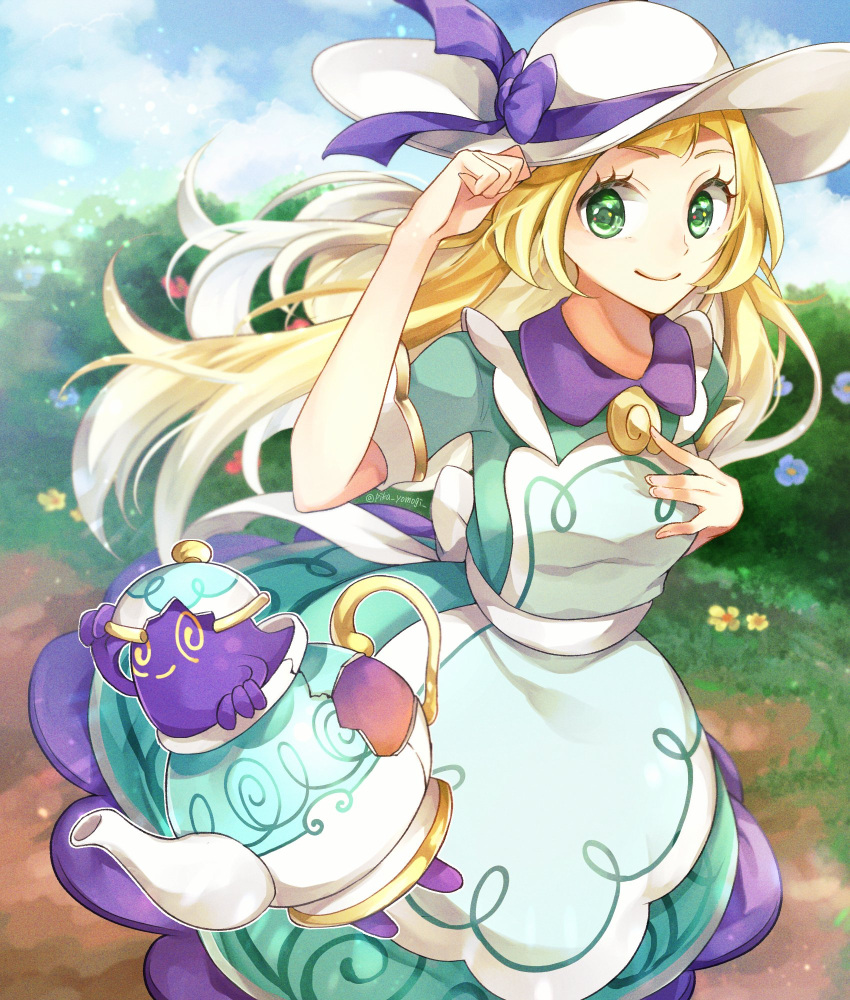 1girl apron bangs blonde_hair closed_mouth cloud commentary day dress eyelashes flower grass green_dress green_eyes hand_on_headwear hat hat_ribbon highres lillie_(pokemon) long_hair looking_at_viewer official_alternate_costume outdoors pokemon pokemon_(creature) pokemon_(game) pokemon_masters_ex polteageist purple_ribbon ribbon short_sleeves sky smile white_headwear yellow_flower yomogi_(black-elf)