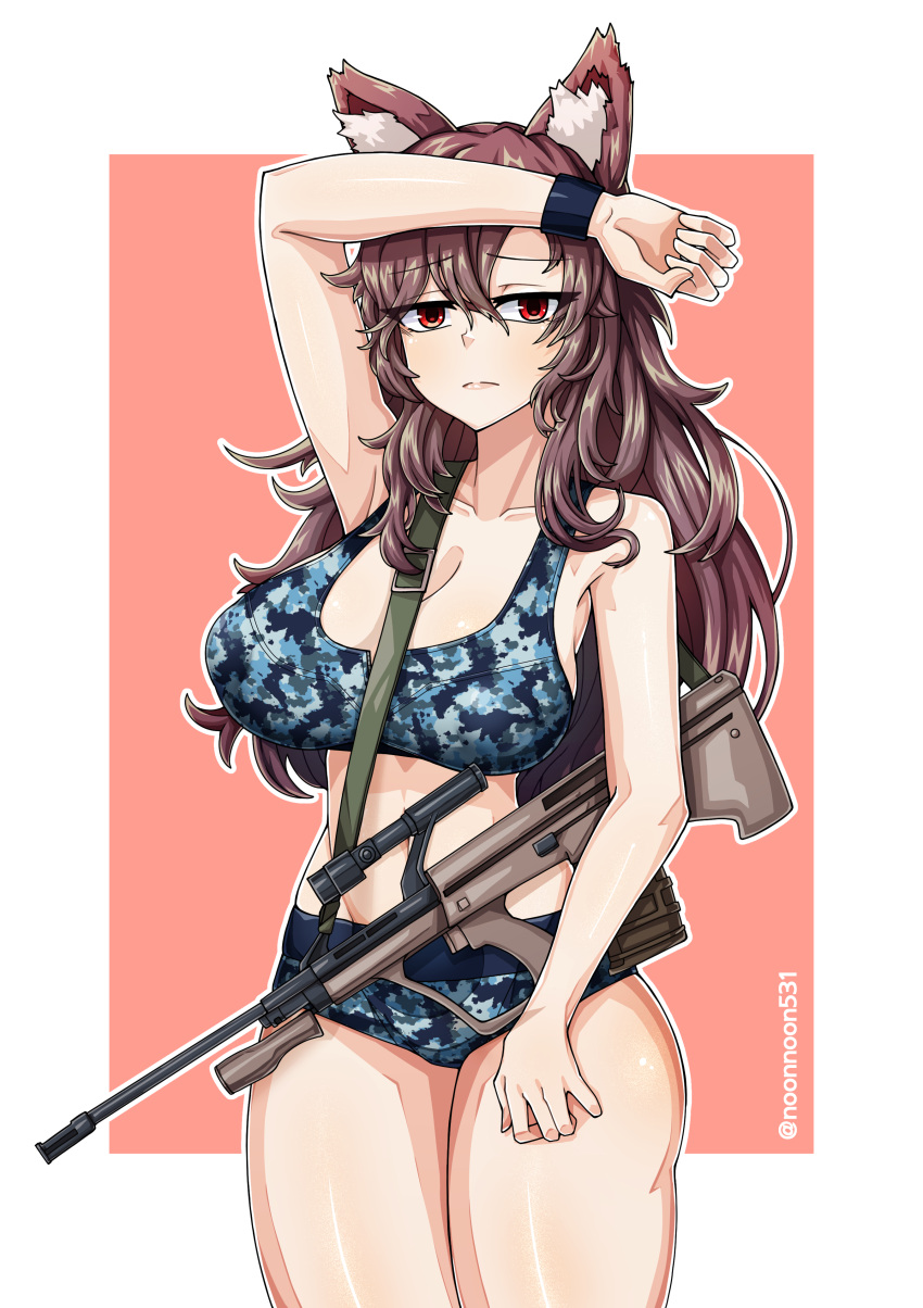 1girl absurdres animal_ears assault_rifle bangs bikini blue_bikini border breasts brown_hair bullpup camouflage camouflage_bikini cleavage closed_eyes closed_mouth commission gun highres imaizumi_kagerou looking_at_viewer navel noonnoon531 pink_background red_eyes rifle solo steyr_aug swimsuit tail touhou weapon white_border wolf_ears wolf_girl wolf_tail