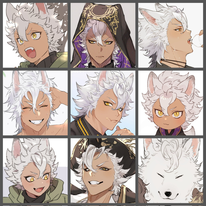 1boy 3boys :3 :d ^_^ animal_ears animalization arm_behind_head black_border black_robe black_shirt blonde_hair border bottle brown_hair chibi close-up closed_eyes closed_mouth dark-skinned_male dark_skin drinking eating expression_chart face fangs food food_in_mouth food_on_face frown gnb0102 grin hair_between_eyes hand_up hat hat_feather highres hood hood_up hooded_jacket hyena_ears jack_howl jacket jewelry leona_kingscholar letterman_jacket light_blush long_bangs looking_ahead looking_at_viewer looking_away looking_down male_focus multiple_boys necklace open_mouth out_of_frame pirate_costume pirate_hat portrait ruggie_bucchi school_uniform scowl shirt short_hair shouting slit_pupils smile solo solo_focus sweat sweatdrop sweating_profusely tail teeth topless_male tree tricorne turtleneck twisted_wonderland v-shaped_eyebrows water_bottle wavy_hair white_hair wolf wolf_boy wolf_ears wolf_tail yellow_eyes