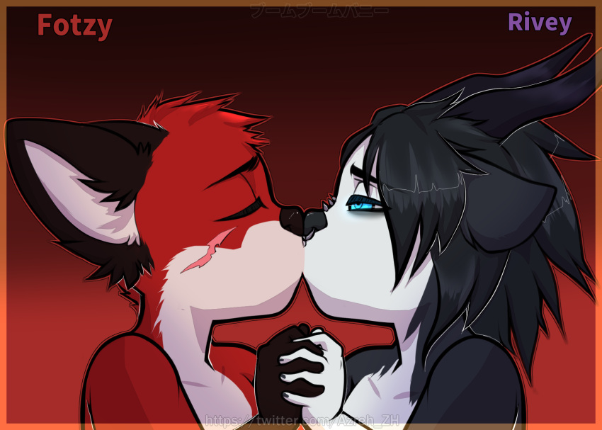 anthro black_body black_fur blue_eyes canid canine canis domestic_dog duo eyes_closed fox fur hand_holding hi_res horn husky kissing male male/male mammal nordic_sled_dog red_body red_fur rivey_ravenheart scar spitz xfotzy