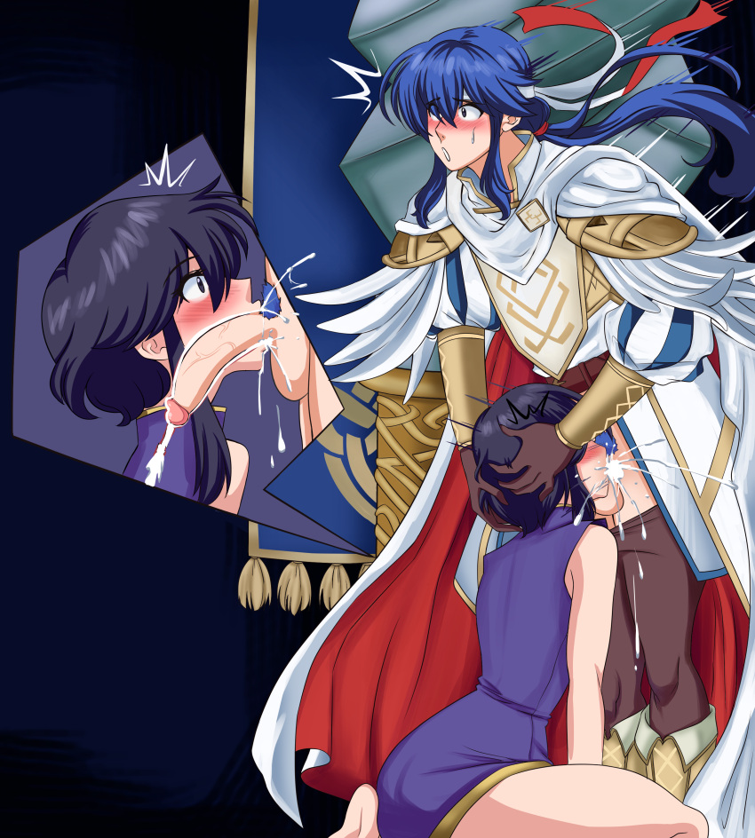 1boy 1girl :o absurdres biting black_hair blue_hair blush clothes_down commission commissioner_upload cum cum_in_mouth cum_in_throat cut-in deepthroat fellatio fire_emblem fire_emblem:_genealogy_of_the_holy_war fire_emblem_heroes grabbing_another's_hair hand_on_another's_head hands_on_another's_head head_grab hetero highres kneeling larcei_(fire_emblem) lip_biting long_hair male_pubic_hair non-web_source open_mouth oral overflow penis pillar pubic_hair rs40uchiha seliph_(fire_emblem) short_hair simple_background wide-eyed x-ray