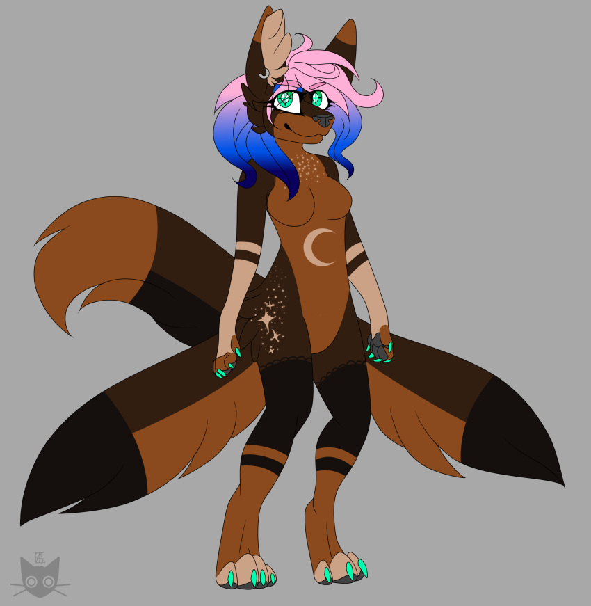 anthro brown_body brown_fur canid canine canis claws conditional_dnp crescent_moon crosshair_eyes digitigrade freckles_on_breasts fur gradient_hair green_eyes gynomorph hair hati_(slates1n) hi_res hybrid inner_ear_fluff intersex mammal markings model_sheet moon multi_tail piercing slates1n solo solo_focus star_(marking) tuft wolf