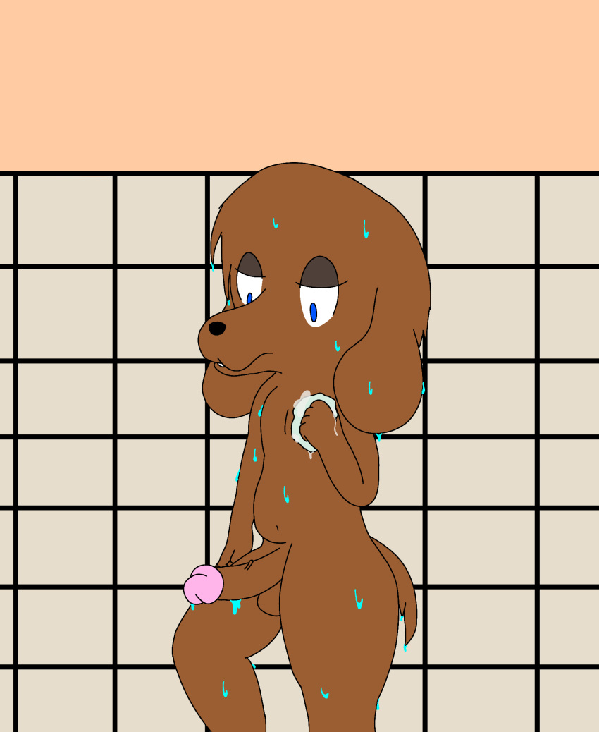 anthro bathroom brown_body brown_fur canid canine catscratch08th collar digital_drawing_(artwork) digital_media_(artwork) fur genitals hi_res looking_at_genitalia male mammal no_shading penis reptile rusty_(catscratch08th) scalie shower showering soap solo solo_focus sponge turtle vein veiny_penis wet wet_body wet_fur wet_tail