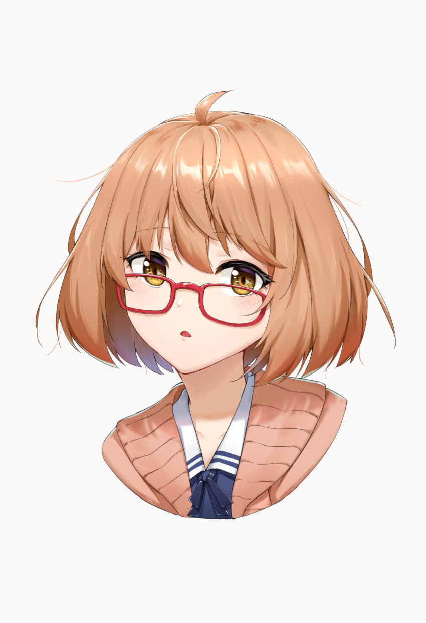 1girl ahoge bangs blue_dress blue_ribbon blush brown_cardigan brown_eyes brown_hair cardigan commentary commentary_typo cropped_torso dress english_commentary eyebrows_visible_through_hair glasses grey_background highres kafeifeifeifeifeifei_jiemo_jun kuriyama_mirai kyoukai_no_kanata looking_at_viewer neck_ribbon open_cardigan open_clothes parted_lips red-framed_eyewear ribbon simple_background solo