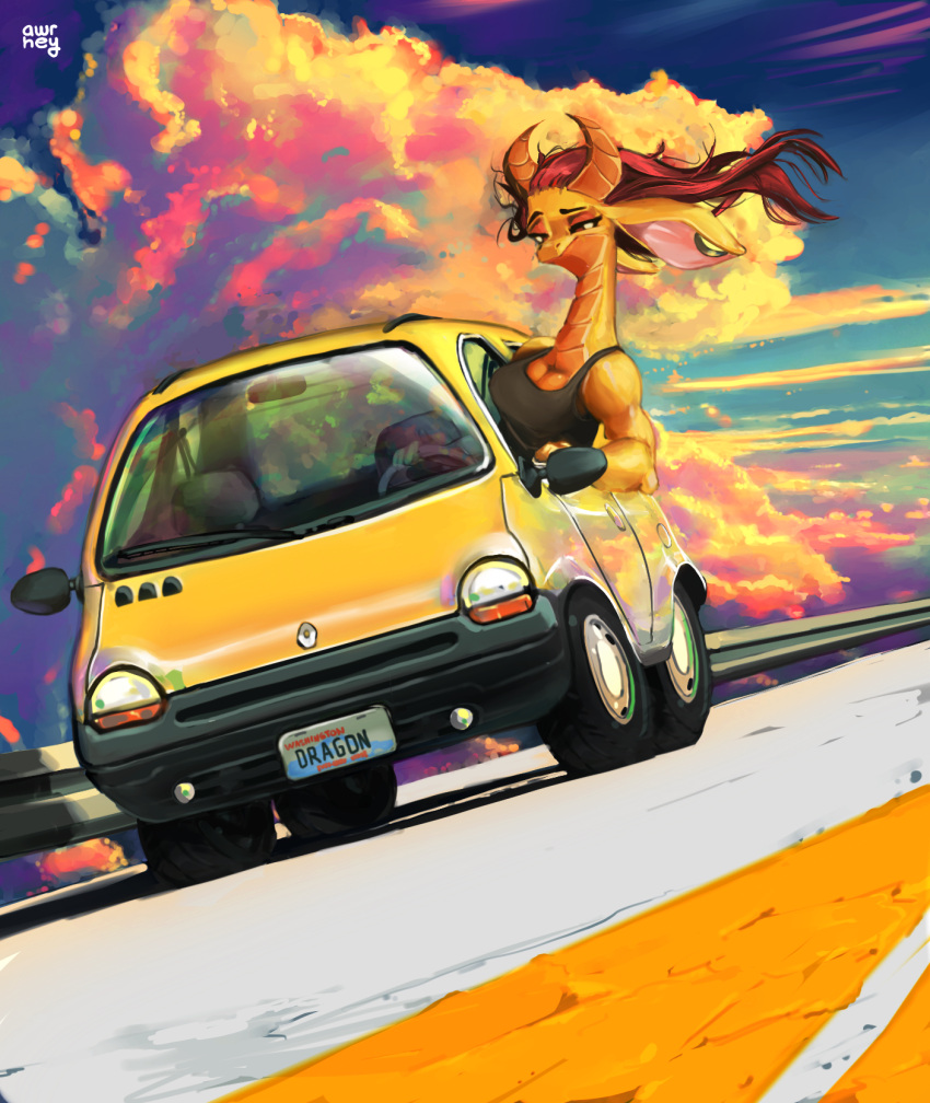 2022 anthro awr_hey breasts car clothed clothing digital_drawing_(artwork) digital_media_(artwork) dragon ear_piercing english_text female flesh_tunnel gauged_ear hair hi_res horn outside piercing red_hair solo text topwear vehicle yellow_car zoe_(awr_hey)