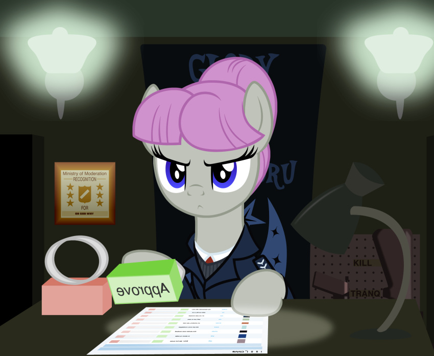 approval badumsquish blue_eyes clothing derpibooru earth_pony equid equine furniture_lamp hair hasbro hi_res horse lamp loss mammal meme my_little_pony papers_please pink_hair ponification pony poster_(object) stern stern_look uniform