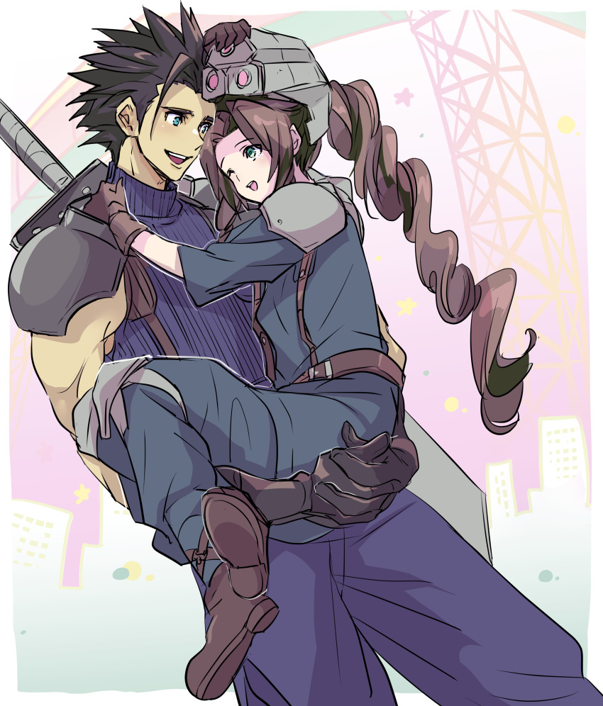 1boy 1girl absurdres aerith_gainsborough armor black_hair boots braid braided_ponytail brown_hair buster_sword carrying cosplay final_fantasy final_fantasy_vii final_fantasy_vii_remake gloves green_eyes happy helmet highres long_hair looking_at_another one_eye_closed princess_carry shinra_infantry shinra_infantry_(cosplay) shoji_sakura shoulder_armor smile spiked_hair weapon weapon_on_back zack_fair