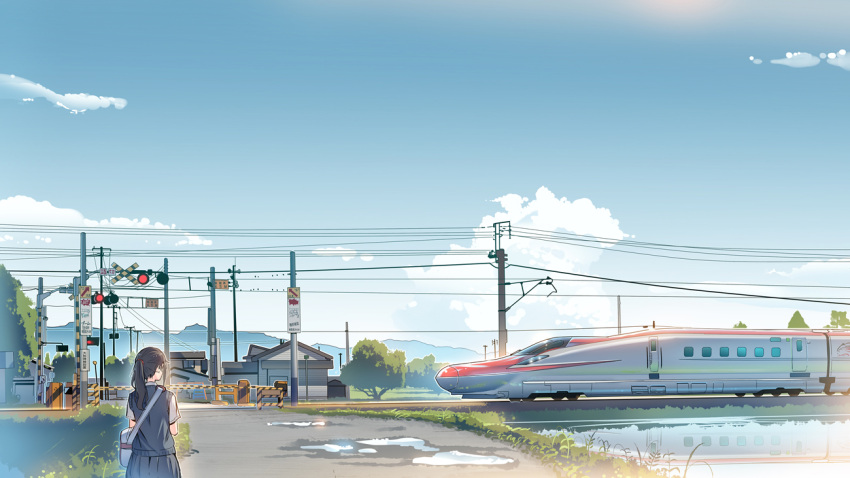 1girl bag black_hair blue_skirt blue_sky blue_vest cloud daito ground_vehicle long_hair original outdoors overhead_line pleated_skirt ponytail power_lines railroad_crossing reflection scenery school_bag school_uniform shinkansen shirt short_sleeves skirt sky solo standing train utility_pole vest water white_bag white_shirt