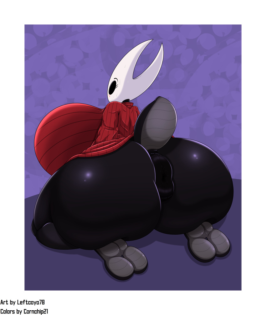 absurd_res anthro anus arthropod big_anus big_breasts big_butt black_body blush bodily_fluids bottomless breasts butt clothed clothing cornchip21 female hi_res hollow_knight hornet_(hollow_knight) huge_anus huge_breasts huge_butt hyper hyper_breasts hyper_butt insect kneeling leftcoyo78 non-mammal_breasts solo sweat sweater team_cherry topwear video_games