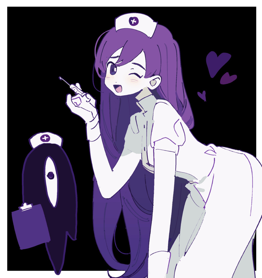 1girl :d bangs black_background clipboard commentary dress gloves hat highres holding holding_syringe long_hair looking_at_viewer mari_(omori) nurse nurse_cap omori one_eye_closed puffy_short_sleeves puffy_sleeves purple_eyes purple_hair rubber_gloves short_sleeves simple_background smile soko something_(omori) symbol-only_commentary syringe very_long_hair white_dress white_gloves