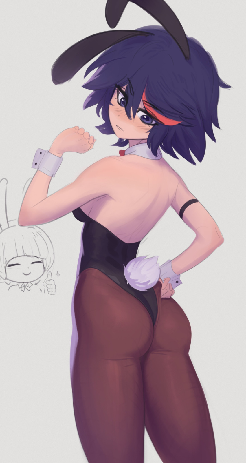 2girls absurdres animal_ears arm_up ass bare_shoulders behind_another black_hair black_leotard blush blush_stickers breast_grab breasts clenched_hand cowboy_shot daniel_deves detached_collar fake_animal_ears grabbing groping hand_up highres kill_la_kill leotard looking_at_another looking_down mankanshoku_mako matoi_ryuuko medium_breasts multicolored_hair multiple_girls pantyhose playboy_bunny rabbit_ears reach-around red_hair short_hair smile standing strapless strapless_leotard streaked_hair sweatdrop undersized_breast_cup unfinished wrist_cuffs yuri