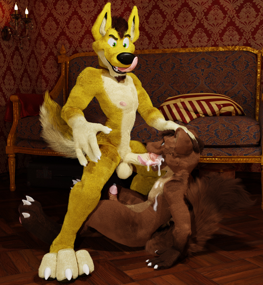 2021 3d_(artwork) anthro balls bodily_fluids canid canine canis claws cum cum_in_mouth cum_inside cumshot digital_media_(artwork) dingo dominant dominant_anthro dominant_male drinking drinking_cum duo ejaculation fluffy fluffy_tail genital_fluids genitals gulonine hi_res licking long_tongue male male/male mammal marten mustelid musteline nude open_mouth penis pine_marten precum prometheus_(dingo) saliva tahvo tongue tongue_out toony