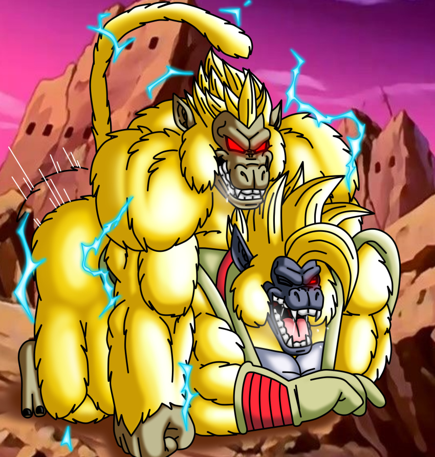 anal anthro baby_vegeta bodily_fluids bottomless britsuka_(artist) clothed clothing doggystyle dominant dominant_male dragon_ball dragon_ball_gt drooling duo forced from_behind_position fur glowing glowing_eyes goku haplorhine happy hi_res lightning male male/male mammal monkey nude one_eye_closed oozaru outside pained_expression parasite pinned primate raised_tail red_eyes rough_sex ruins saiyan saliva sex smile submissive submissive_male super_saiyan thrusting tongue tuffle yellow_body yellow_fur
