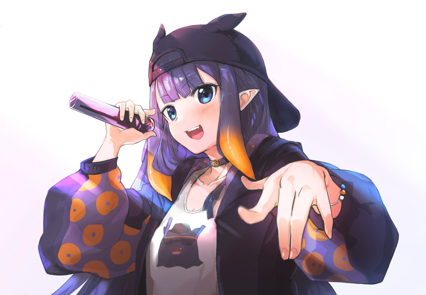 1girl :d \||/ alternate_costume backwards_hat bangs baseball_cap blunt_bangs blush bracelet choker collarbone fang fingernails hat highres holding holding_microphone hololive hololive_english hood hoodie jewelry long_hair long_sleeves looking_at_viewer microphone mole mole_under_eye ninomae_ina'nis open_mouth pointy_ears polka_dot_sleeves puffy_long_sleeves puffy_sleeves purple_choker purple_eyes purple_hair purple_hoodie rapping shirt sidelocks simple_background sleeve_cuffs smile solo sunglasses t-shirt tallgeese_(lgeesel) tareme teeth tentacle_hair upper_body upper_teeth very_long_hair virtual_youtuber white_background white_shirt