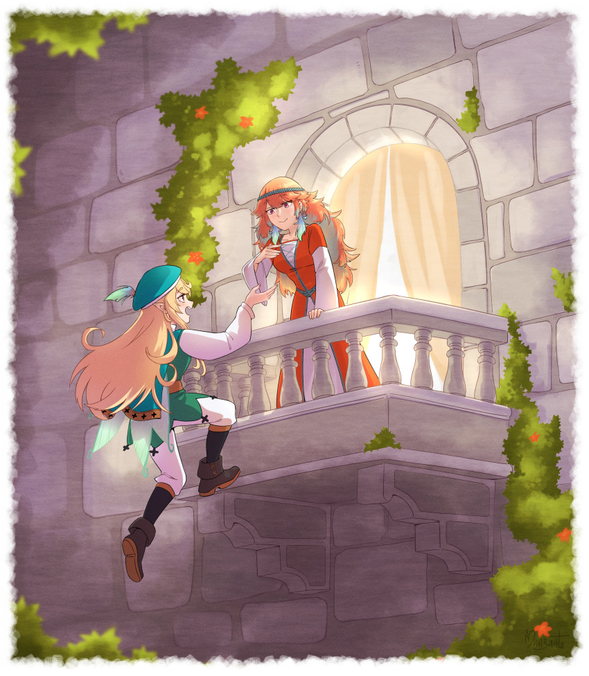 2girls absurdres balcony bangs blonde_hair boots bush crmanzana dress earrings feather_earrings feathers gradient_hair hair_ornament hat highres hololive hololive_english jewelry long_hair multicolored_hair multiple_girls nijisanji nijisanji_en orange_hair pink_hair pointy_ears pomu_rainpuff purple_eyes ribbon romeo_and_juliet smile takanashi_kiara virtual_youtuber