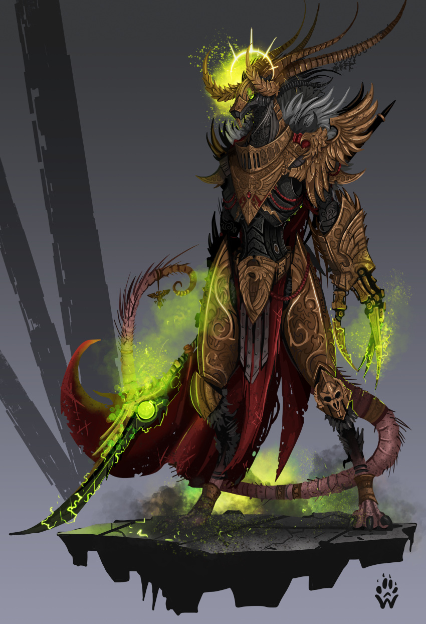 3_toes absurd_res anthro armor black_armor black_claws cape claw_(weapon) claws clothing emperor_of_mankind feet fur gold_(metal) gold_armor gradient_background green_eyes green_glow grey_body grey_fur halo hi_res lance_(weapon) looking_aside male mammal melee_weapon murid murine pink_tail polearm rat red_cape red_clothing rodent simple_background skaven skull_symbol solo standing toes warhammer_(franchise) warhammer_40000 warhammer_fantasy watermark weapon wolfdawg