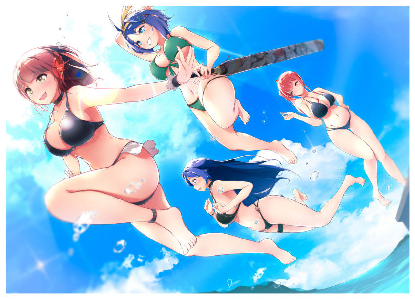 4girls airborne ankle_strap azur_lane bikini breasts cloud dermar full_body highres holding jumping large_breasts multiple_girls nicoloso_da_recco_(azur_lane) nicoloso_da_recco_(to_a_smashing_voyage!)_(azur_lane) o-ring o-ring_bikini official_alternate_costume pompeo_magno_(azur_lane) swimsuit tan tanlines thigh_strap trento_(azur_lane) trento_(summer's_hotness?)_(azur_lane) water whistle zara_(azur_lane) zara_(poolside_coincidence)_(azur_lane)