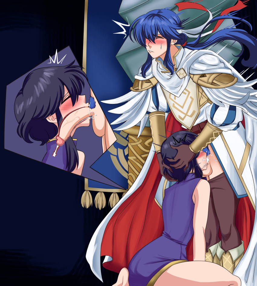 1boy 1girl absurdres biting black_hair blue_hair blush closed_eyes clothes_down commission commissioner_upload cum cum_in_mouth cum_in_throat cut-in deepthroat fellatio fire_emblem fire_emblem:_genealogy_of_the_holy_war fire_emblem_heroes grabbing_another's_hair hand_on_another's_head hands_on_another's_head head_grab hetero highres kneeling larcei_(fire_emblem) lip_biting long_hair male_pubic_hair open_mouth oral penis pillar pubic_hair rs40uchiha seliph_(fire_emblem) short_hair simple_background x-ray