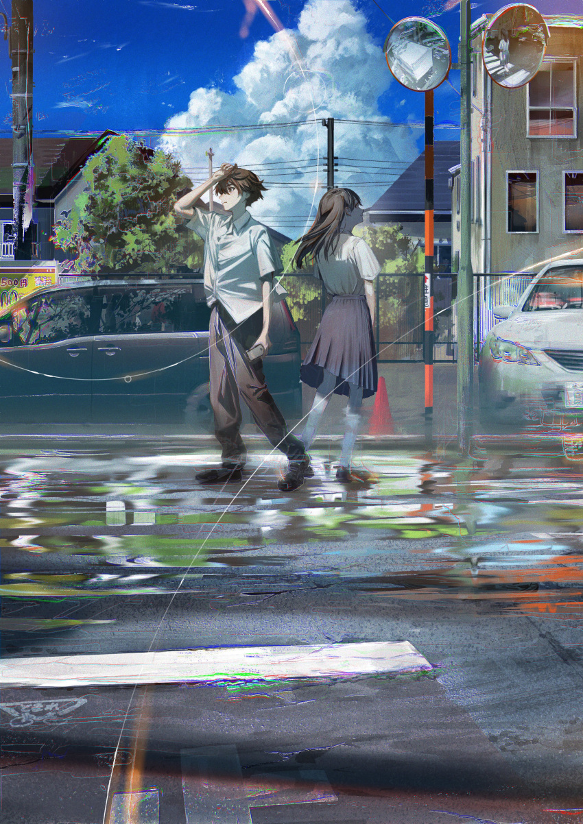 1boy 1girl absurdres arm_up black_pants blue_skirt blue_sky brown_hair car chromatic_aberration cloud commentary_request day ground_vehicle hand_on_own_head highres holding house long_hair long_skirt motor_vehicle original outdoors pants puddle road school_uniform shirt short_hair short_sleeves skirt sky syo5 utility_pole white_shirt