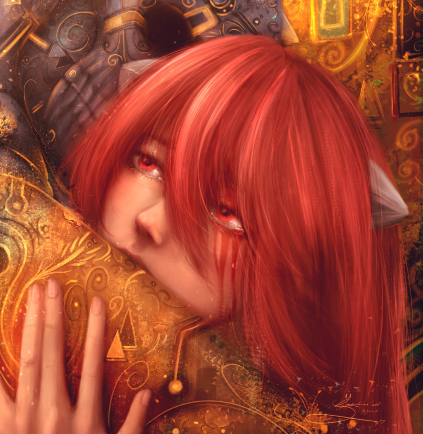 1girl 1other absurdres blood blood_from_eyes crying crying_with_eyes_open elfen_lied expressionless eye_socket filigree gustav_klimt_(style) hand_gesture hand_on_another's_back highres horns hug long_hair lucy_(elfen_lied) pink_hair red_eyes signature solo_focus spiral sucubuss_art tears teeth triangle