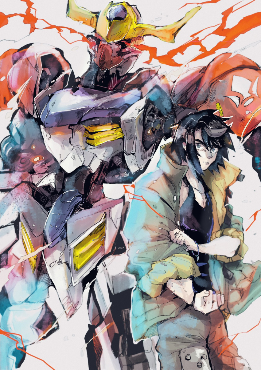 1boy black_hair black_tank_top blue_eyes brown_pants clenched_hand collarbone glowing glowing_eyes green_jacket gundam gundam_barbatos gundam_barbatos_lupus gundam_tekketsu_no_orphans hair_behind_ear highres jacket kare_(0621utak) male_focus mecha mikazuki_augus mobile_suit pants pectorals red_eyes science_fiction tank_top v-fin white_background