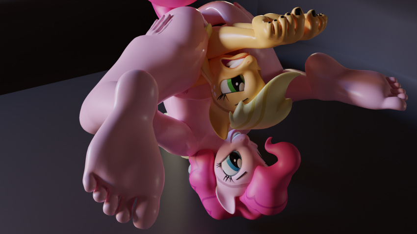3d_(artwork) 54321awesome anal anal_vore animated anthro applejack_(mlp) belly bend big_(disambiguation) big_belly big_feet blender_(disambiguation) breasts butt butt_first dessert digital_media_(artwork) feet female flexible food friendship_is_magic front_bend front_view frontbend furry hands hasbro hi_res my_little_pony pie pinkie pinkie_pie_(mlp) same same_size size soles struggling toes vore