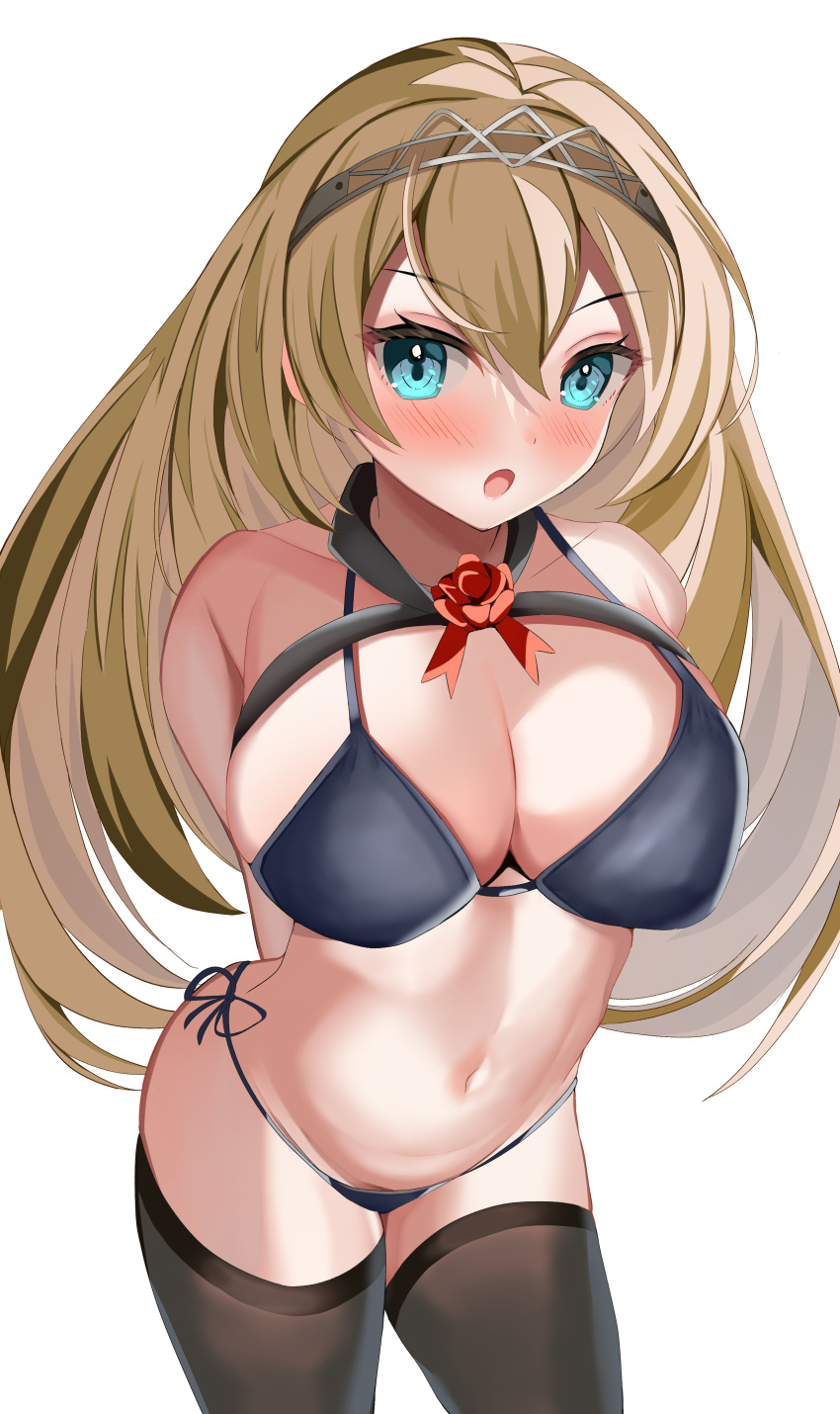 1girl absurdres arms_behind_back aruka0807 bikini black_bikini black_legwear blonde_hair blue_eyes blush breasts cleavage collarbone cowboy_shot hairband highres kantai_collection large_breasts long_hair looking_at_viewer navel open_mouth simple_background solo swimsuit thighhighs tiara victorious_(kancolle) white_background