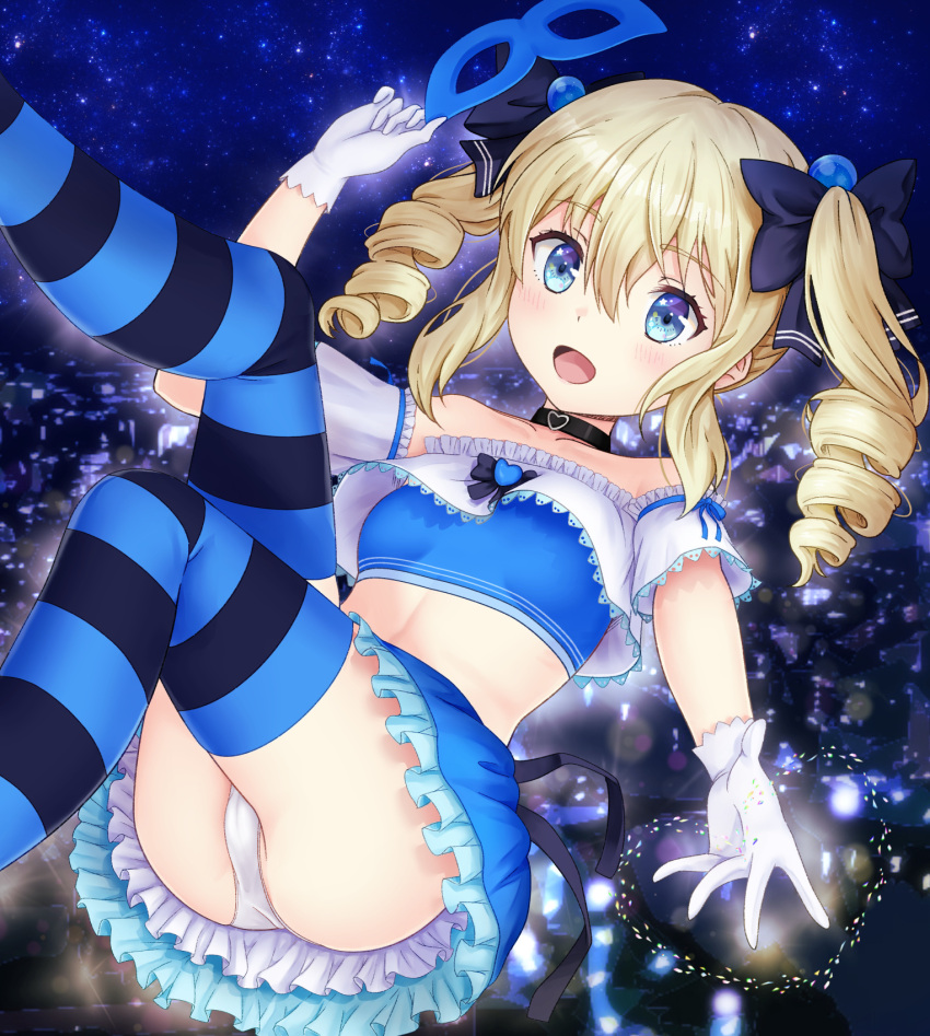 :d angelina_kudou_shields bangs beads black_choker blonde_hair blue_eyes blue_mask blue_ribbon blush bra breasts carnival_mask choker collarbone detached_sleeves drill_hair frilled_skirt frills gloves hair_beads hair_between_eyes hair_ornament highres looking_at_viewer magical_girl mahouka_koukou_no_rettousei mask mask_removed medium_hair midriff open_mouth panties pasya-pasya reaching_out ribbon skirt small_breasts smile stomach strapless strapless_bra thighs tube_top twin_drills underwear white_gloves white_panties