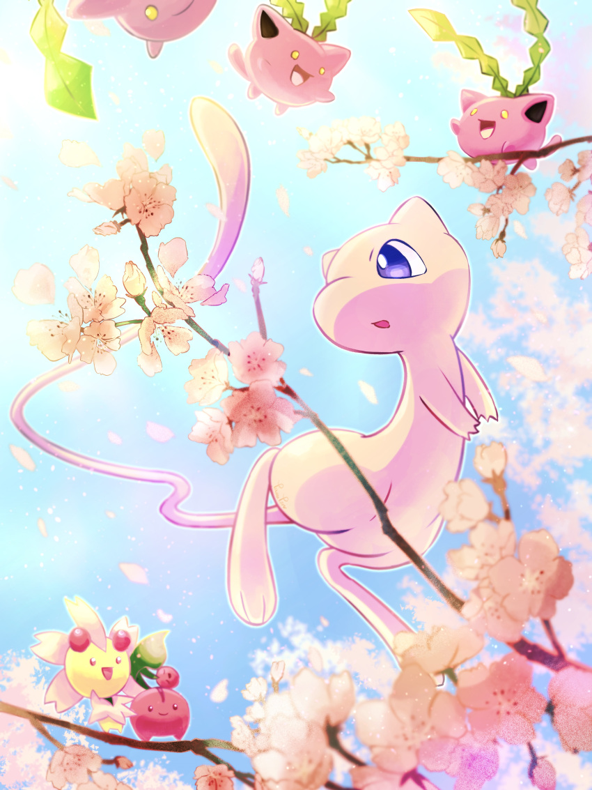 :d absurdres cherrim cherubi commentary_request day falling_petals flower flying happy highres hoppip mew no_humans open_mouth outdoors petals pokemon pokemon_(creature) ponkotsu_tanupon smile standing tongue yellow_eyes