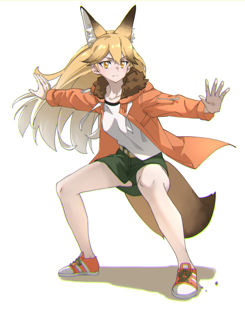 1girl absurdres alternate_costume animal_ear_fluff animal_ears bangs belt blonde_hair commentary extra_ears ezo_red_fox_(kemono_friends) fox_ears fox_girl fox_tail frown full_body fur_collar gradient_hair green_panties green_skirt hair_between_eyes highres hood hood_down hooded_jacket jacket kemono_friends long_hair long_sleeves multicolored_hair open_clothes open_jacket orange_jacket outstretched_arms panties pantyshot pose shirt simple_background skirt solo tail tanabe_(fueisei) underwear white_background white_hair white_shirt yellow_eyes