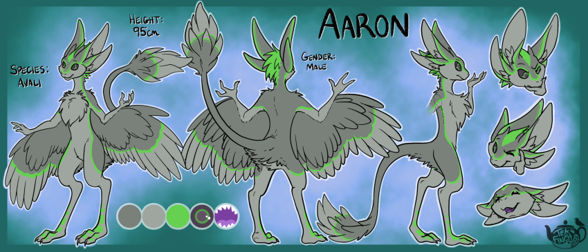 2022 3_fingers 3_toes 4_ears aaron_(aaronfranke) anthro avali avian blue_background character_name chest_tuft claws color_swatch countershade_feathers countershading english_text feathered_wings feathers featureless_crotch feet fingers green_body green_ears green_eyes green_feathers green_scutes green_stripes green_tail_feathers grey_body grey_claws grey_ears grey_feathers grey_inner_ear_fluff grey_sclera grey_tail_feathers grey_toes hi_res information inner_ear_fluff long_ears male male_(lore) measurements model_sheet multi_ear multicolored_body multicolored_feathers nude purple_insides purple_mouth simple_background slightly_open_mouth solo species_name stripes tail_feathers teafinch teeth text thinking_pose toes tuft two_tone_body two_tone_feathers watermark winged_arms wings